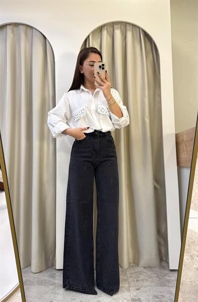 Parla Siyah Taşlı Wide Leg Jean