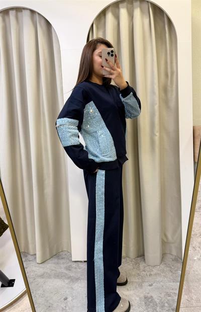 Parlak Denim Detaylı Eşofman Takımı