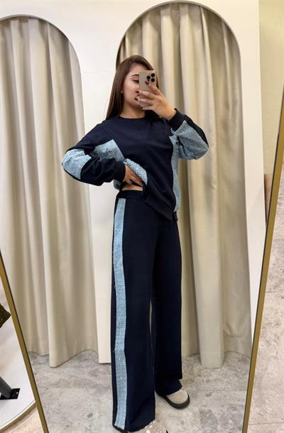 Parlak Denim Detaylı Eşofman Takımı