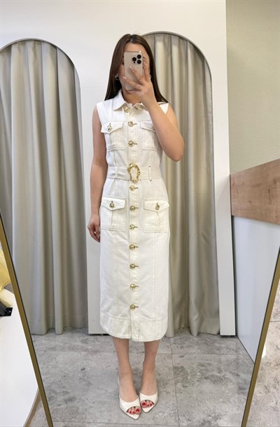 Parsien Bej Gold Düğmeli Denim Elbise