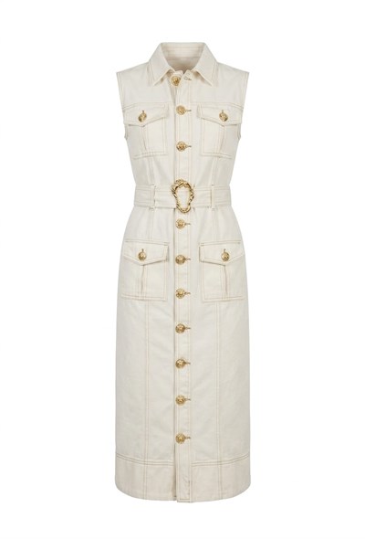 Parsien Bej Gold Düğmeli Denim Elbise