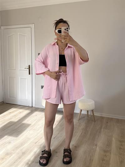 Pembe Müslin Şortlu Takım