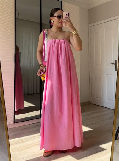 Poplin İp Askılı Elbise-Pembe