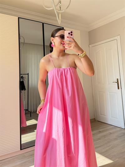Poplin İp Askılı Elbise-Pembe