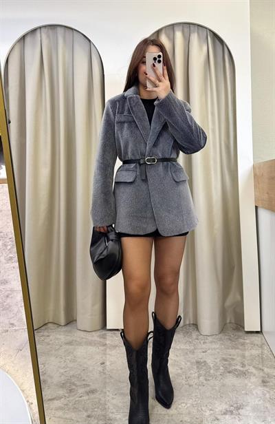 Premium Kemerli Peluş Blazer-GRİ