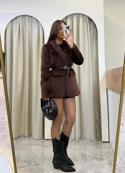 Premium Kemerli Peluş Blazer-KAHVE