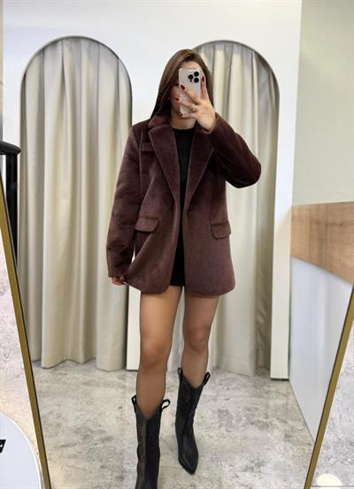 Premium Kemerli Peluş Blazer-KAHVE