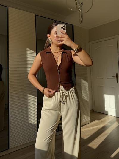 Quzu Kahve Fermuarlı Bluz