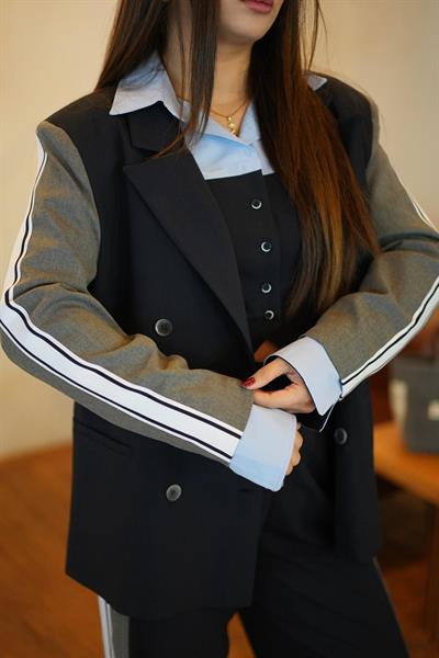Quzu Tasarım Şeritli Blazer Takım