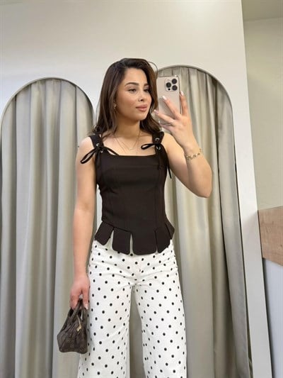 Ribbon Kahve Dilimli Korse Bluz