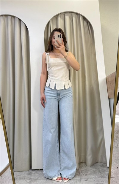 Ribbon Natural Keten Dilimli Korse Bluz