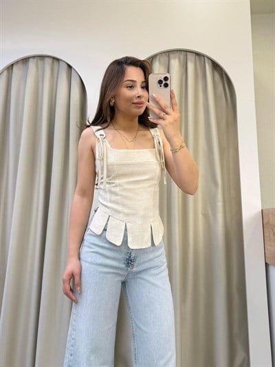 Ribbon Natural Keten Dilimli Korse Bluz