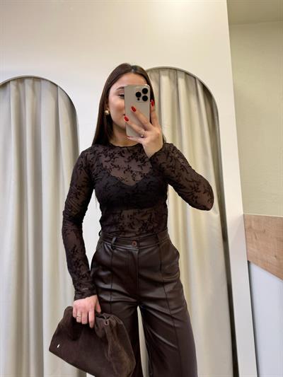 Rosel Kahve Transparan Çiçekli Bluz