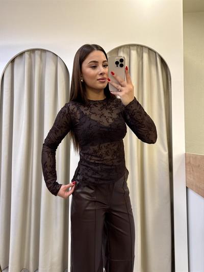 Rosel Kahve Transparan Çiçekli Bluz
