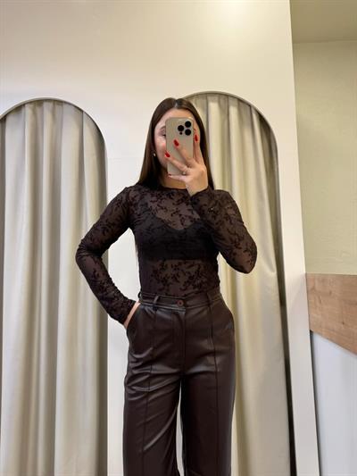 Rosel Kahve Transparan Çiçekli Bluz