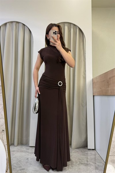 Rovia Gümüş Tokalı Kahve Elbise