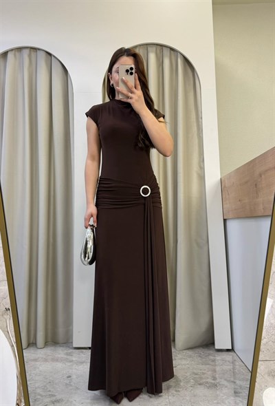 Rovia Gümüş Tokalı Kahve Elbise