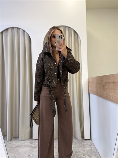 Sable Leopar Desen Kuşaklı Gabardin Ceket