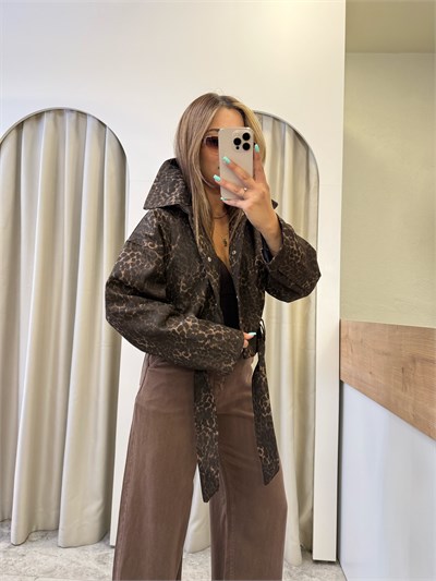 Sable Leopar Desen Kuşaklı Gabardin Ceket