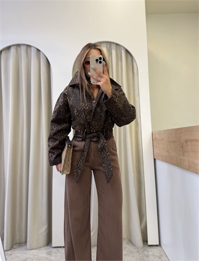 Sable Leopar Desen Kuşaklı Gabardin Ceket