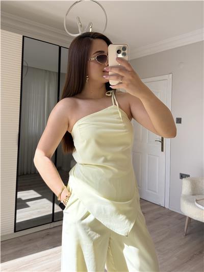 Sarı tek omuz tasarım keten takım
