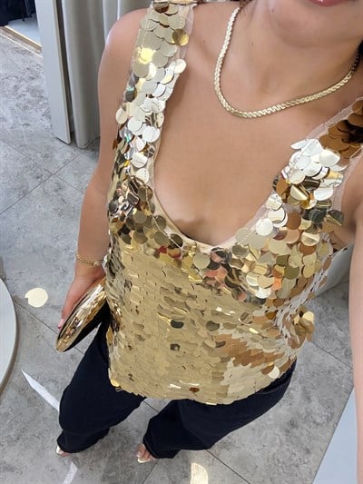 Serbio Gold Asimetrik Kesim Payet Bluz