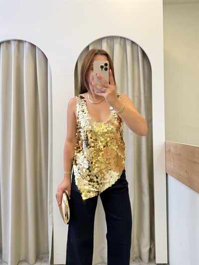 Serbio Gold Asimetrik Kesim Payet Bluz