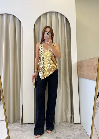 Serbio Gold Asimetrik Kesim Payet Bluz