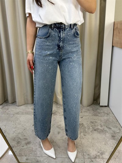 Shise Yüksek Bel Taşlı Mom Jean