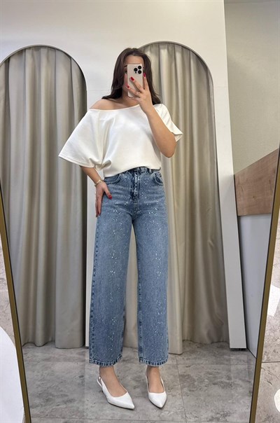 Shise Yüksek Bel Taşlı Mom Jean