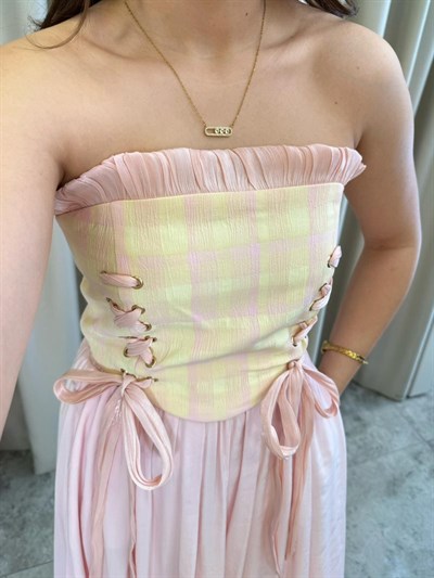 Siesta Pembe Ekose Desen Korse