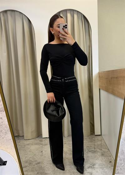 Siyah Zımbalı Wide Leg Jean