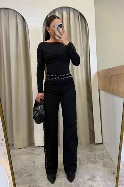 Siyah Zımbalı Wide Leg Jean