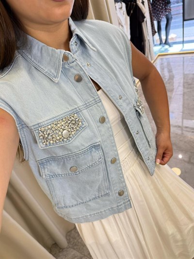 Solana Taşlı Marka Model Denim Yelek