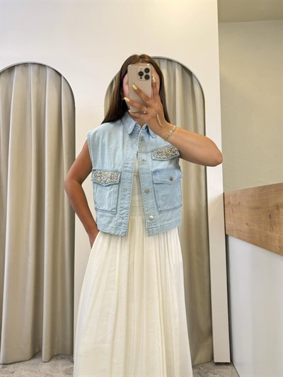 Solana Taşlı Marka Model Denim Yelek