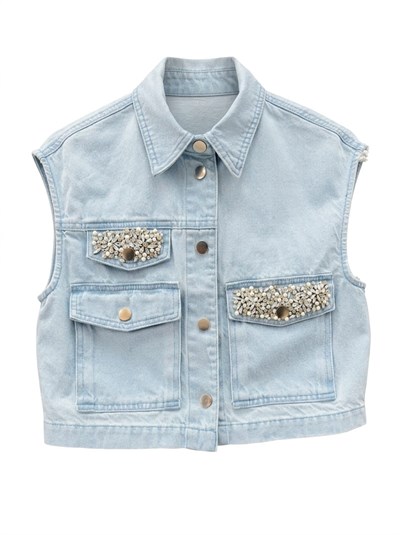 Solana Taşlı Marka Model Denim Yelek