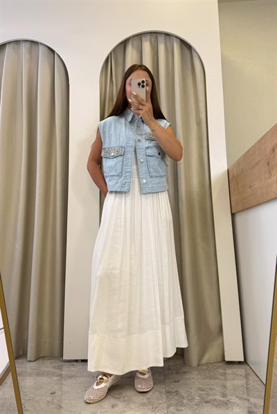 Solana Taşlı Marka Model Denim Yelek