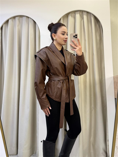 Sophie Kahve Kuşaklı Deri Ceket