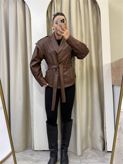 Sophie Kahve Kuşaklı Deri Ceket
