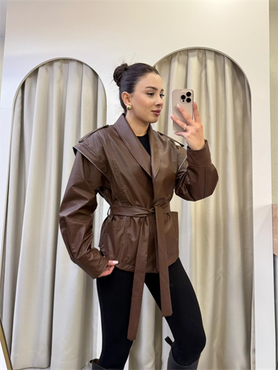 Sophie Kahve Kuşaklı Deri Ceket