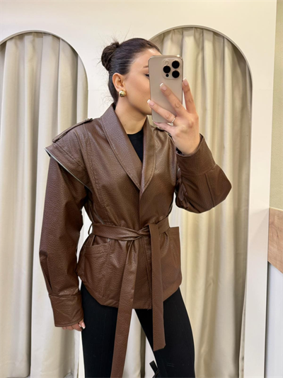 Sophie Kahve Kuşaklı Deri Ceket