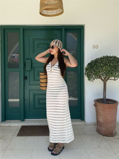 Stella Ekru Önü Gold Düğmeli Midi Beacwear Elbise