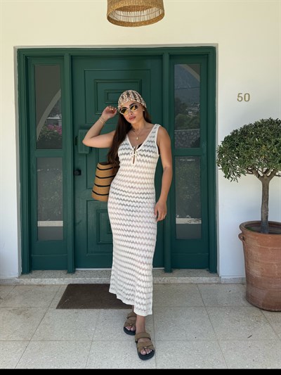 Stella Ekru Önü Gold Düğmeli Midi Beacwear Elbise
