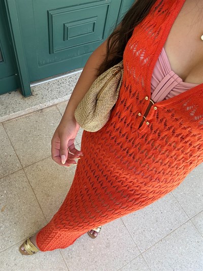 Stella Turuncu Önü Gold Düğmeli Midi Beacwear Elbise