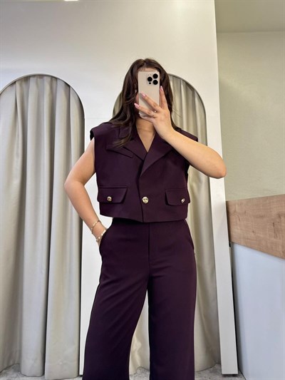 Stily Bordo Yelekli Takım