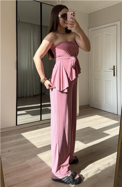 Straplez fularlı takım-PEMBE