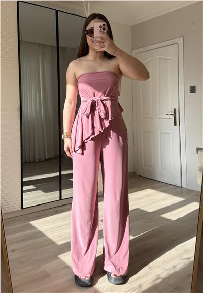 Straplez fularlı takım-PEMBE