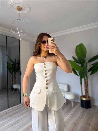 Straplez Gold düğmeli bluz-BEYAZ