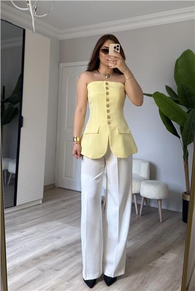 Straplez Gold düğmeli bluz-SARI