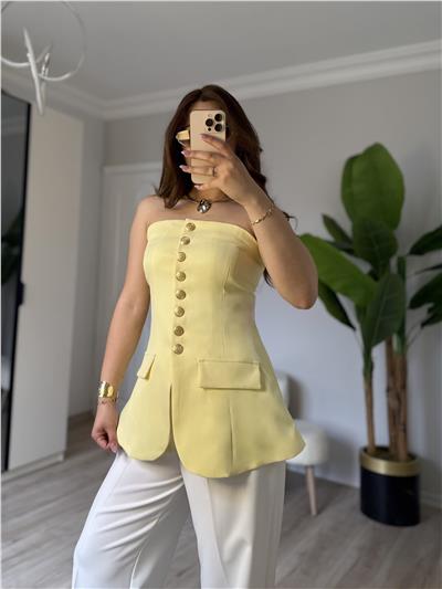 Straplez Gold düğmeli bluz-SARI